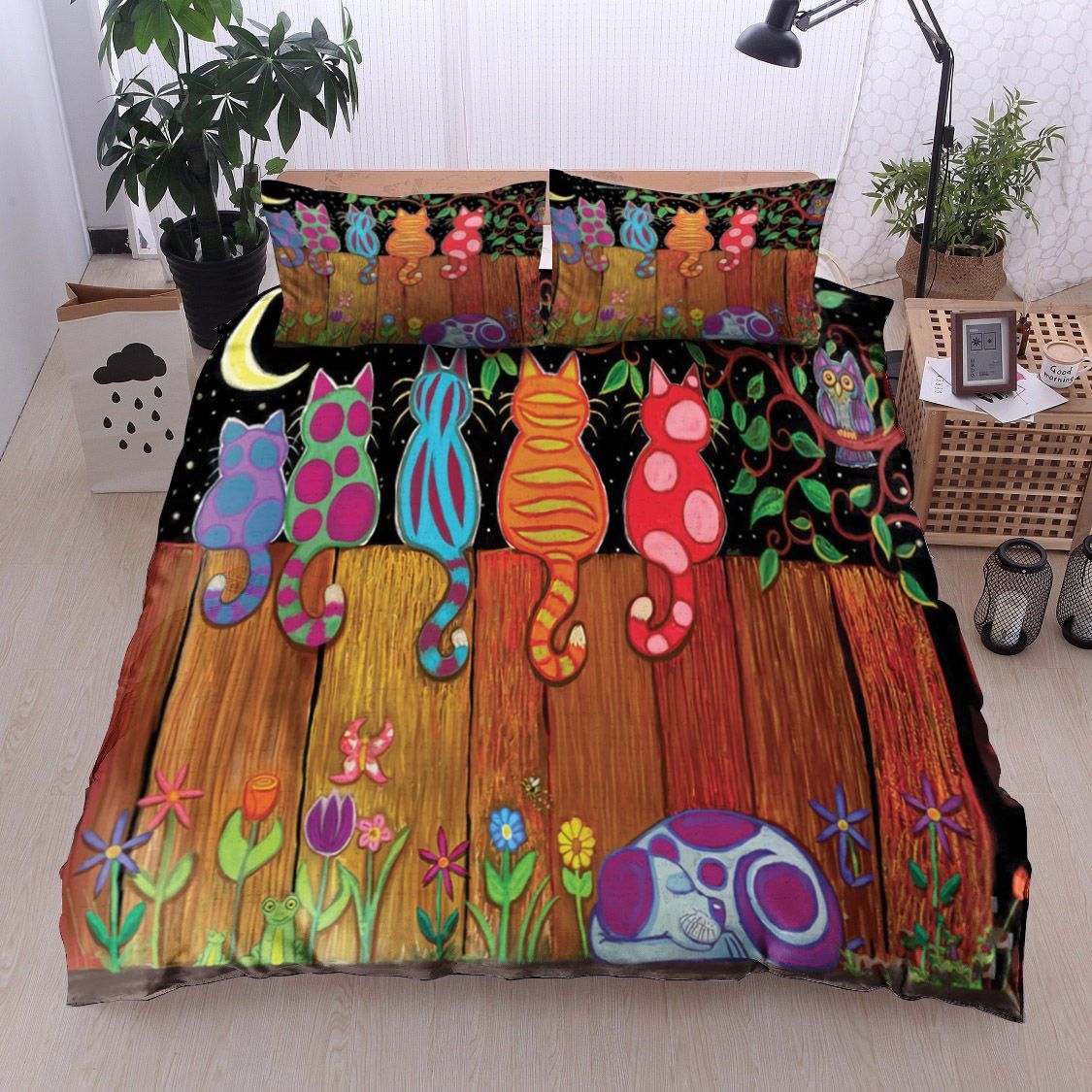 Cat Owl Flower Moon Dog Frog Butterfly Bedding Set