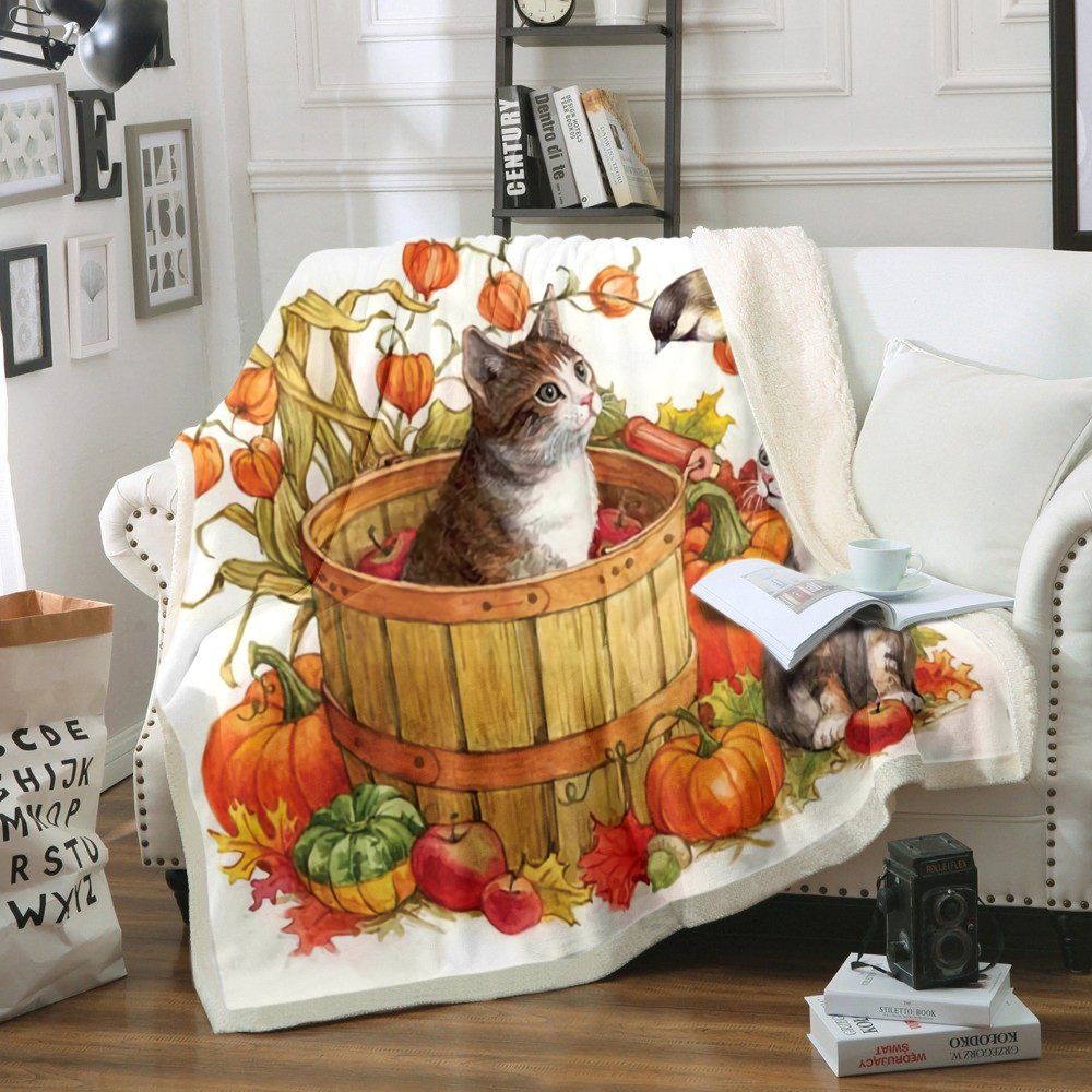Cat Playing With Bird And Pumpkin Sherpa Fleece