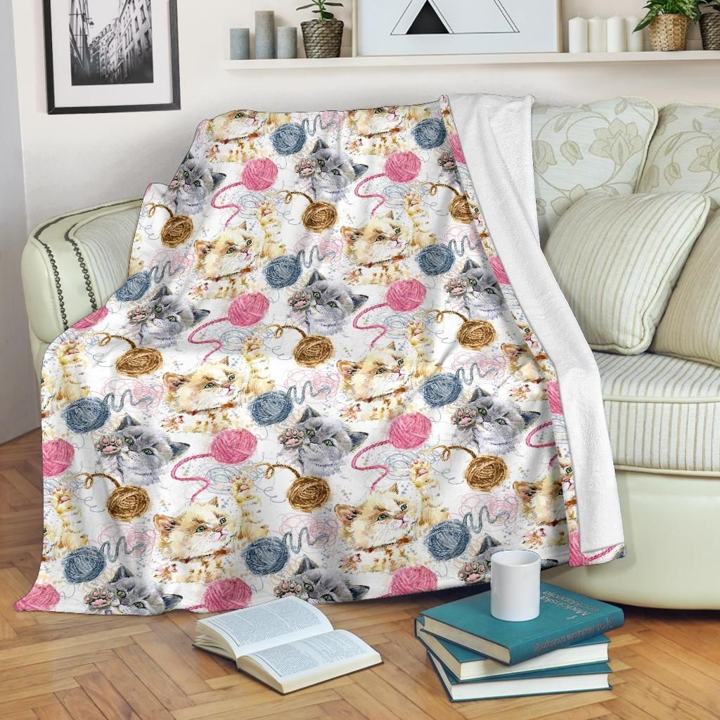 Cat Playing Yarn Pattern 7 Sherpa Fleece Blanket