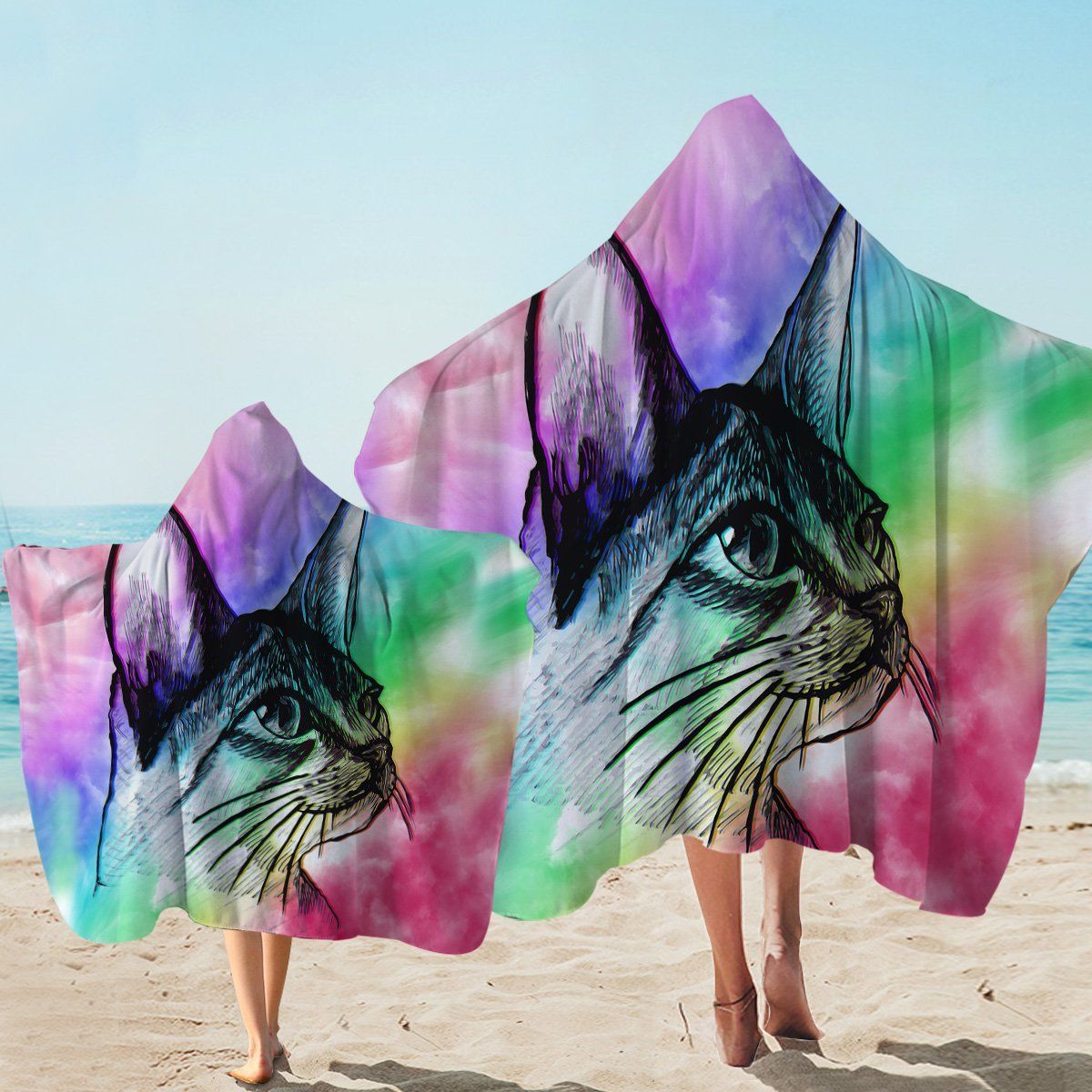 Cat Portrait Sketch Colorful Background Printed Hooded Towel