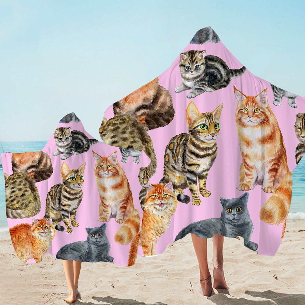 Cat Poses Pink Background Printed Hooded Towel