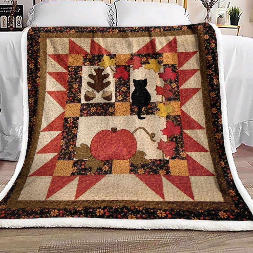 Cat Pumpkin Flower Sherpa Fleece Blanket