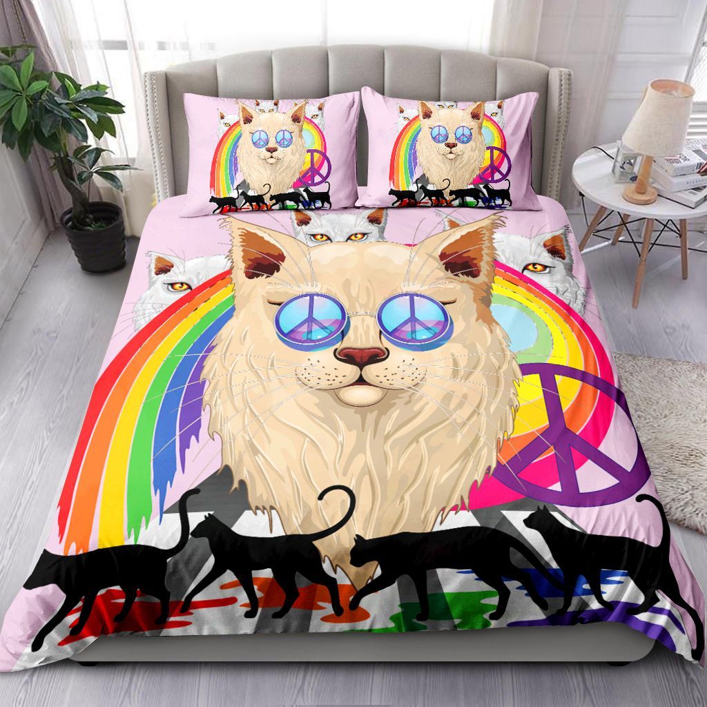 Cat Rainbow Peace And Love Bedding Set