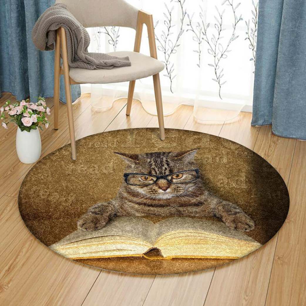 Cat Reading Book Round Carpet
