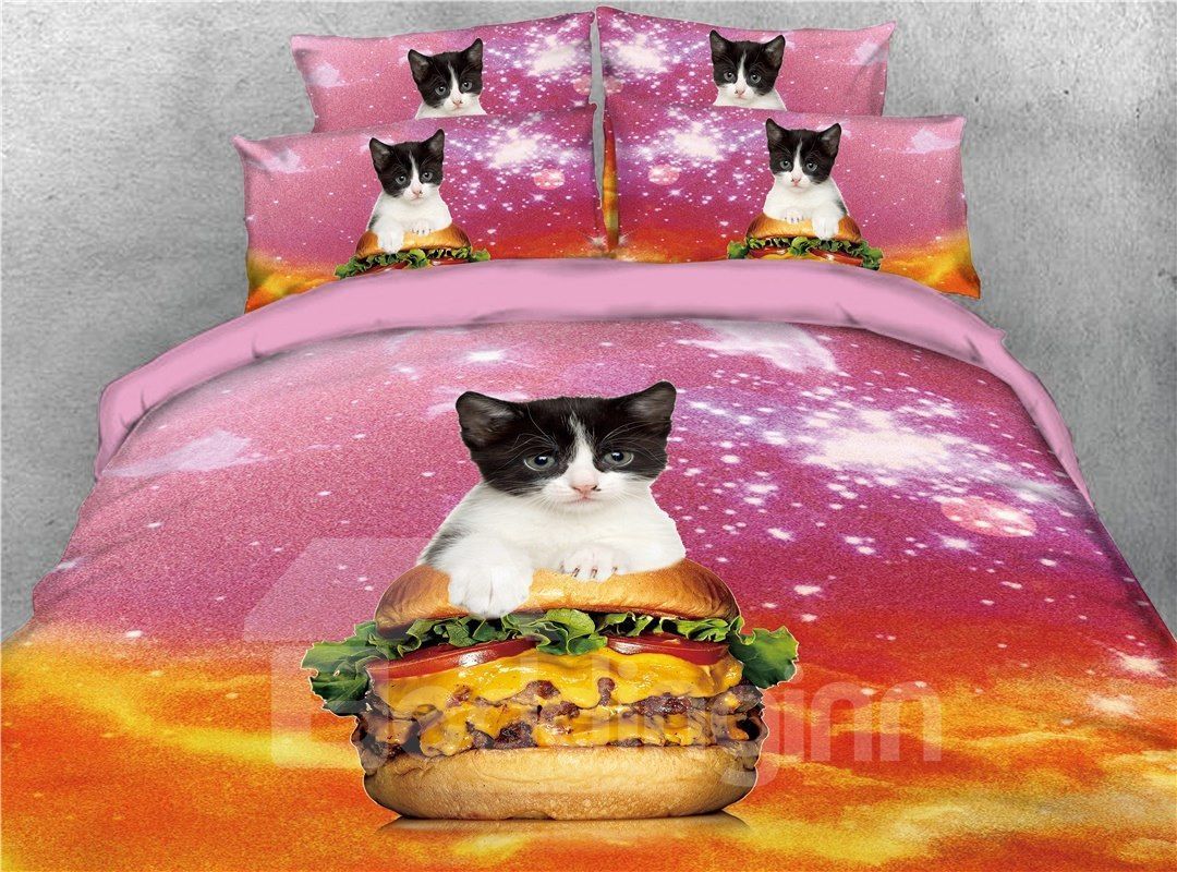 Cat Riding Hamburger And Galaxy Bedding Set