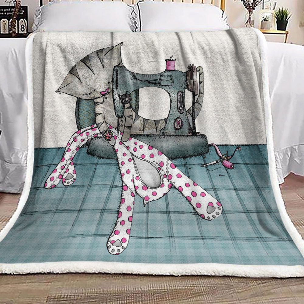 Cat Sewing Sherpa Fleece Blanket
