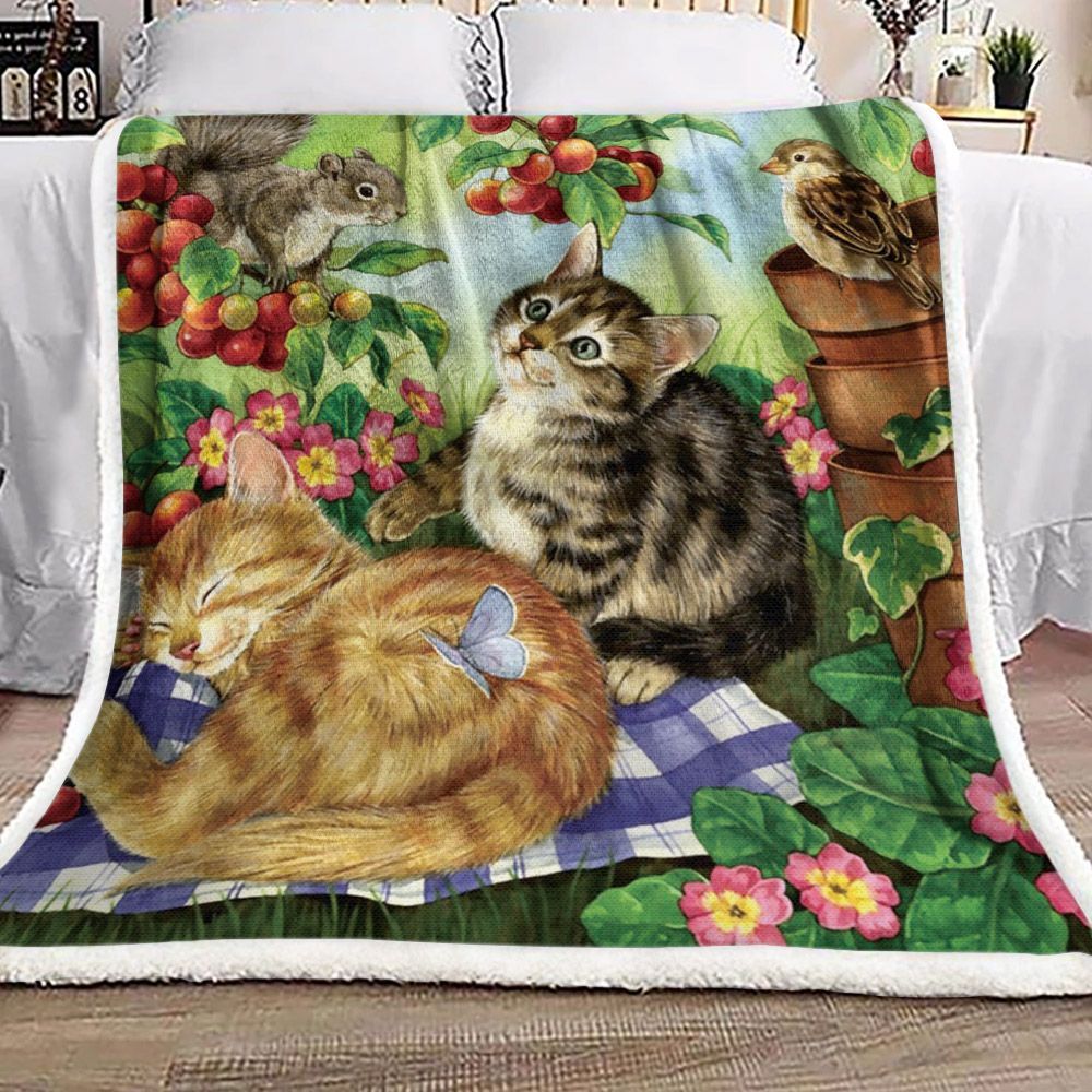 Cat Squirrel Bird Cherry Tree Sherpa Fleece Blanket