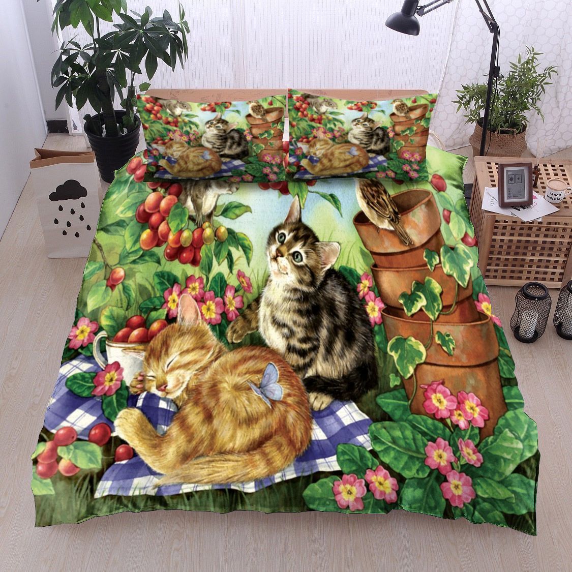 Cat Squirrel Bird Cherry Tree Bedding Set