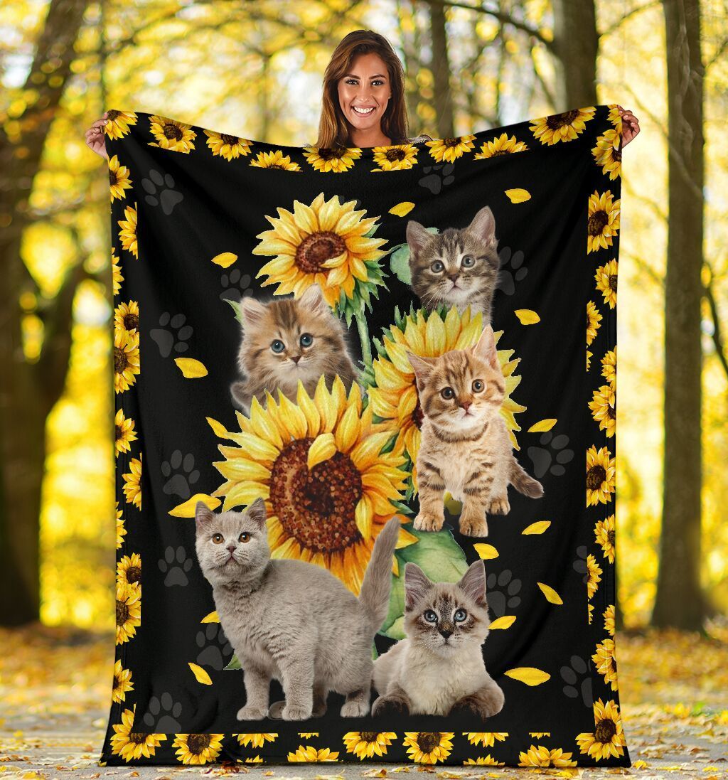 Cat Sunflower Cats Lover Sherpa Fleece Blanket
