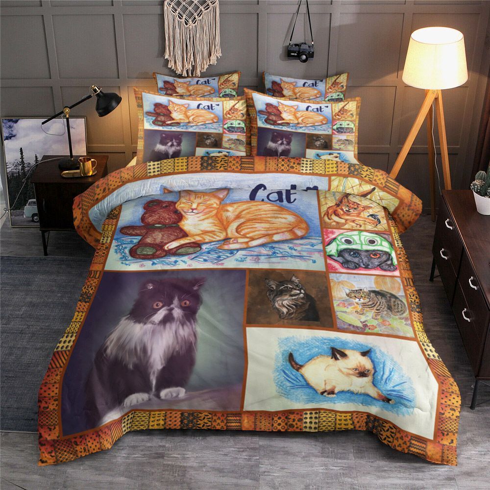 Cat Watercolor Black White Bedding Set