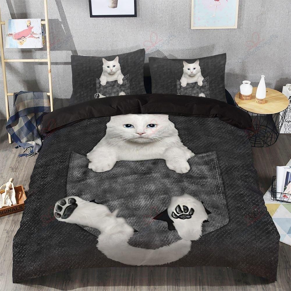 Cat White In Pocket Printed Bedding Set