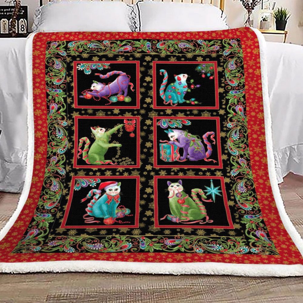 Cat Winter Christmas Sherpa Fleece Blanket