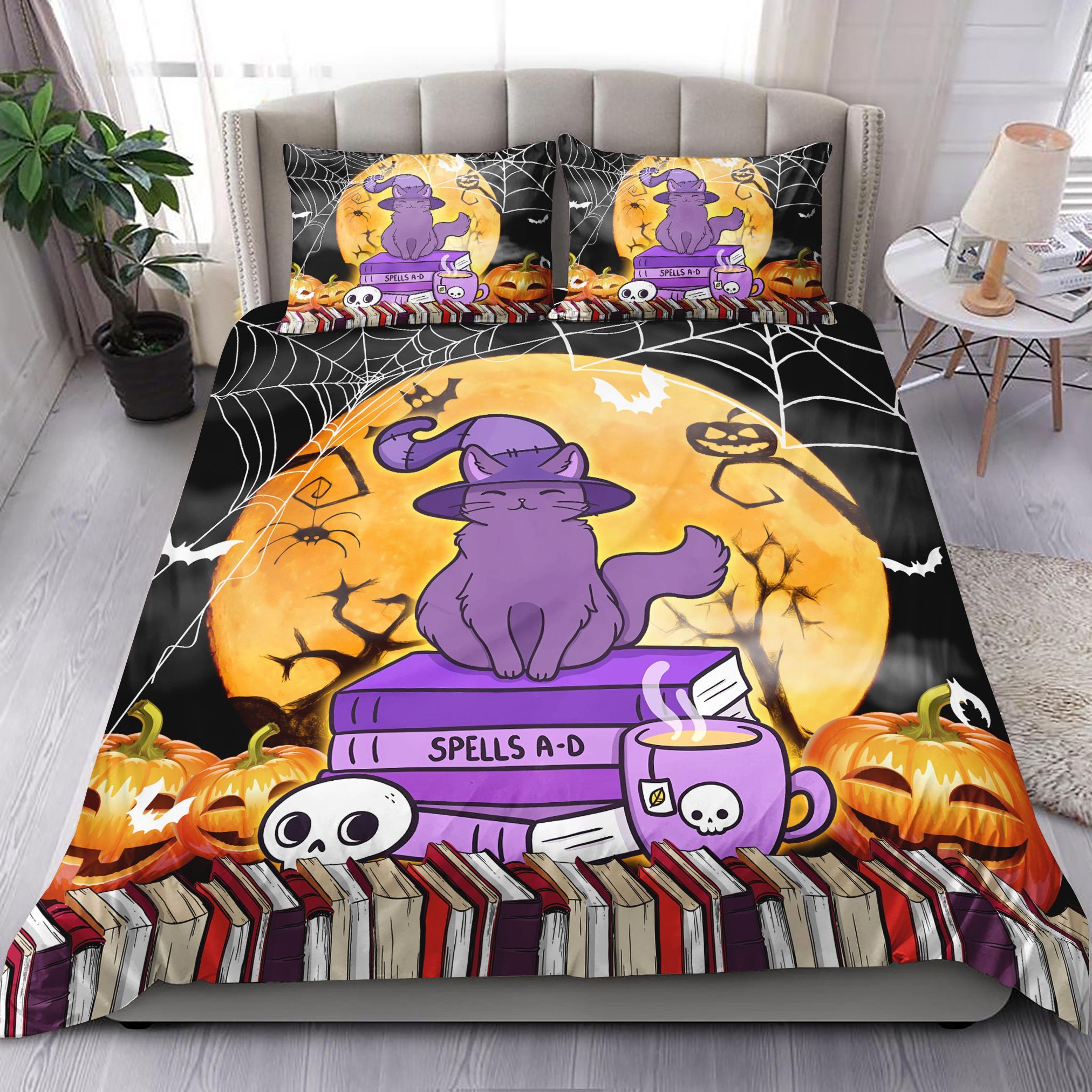 Cat Witch Halloween And Book Bedding Set