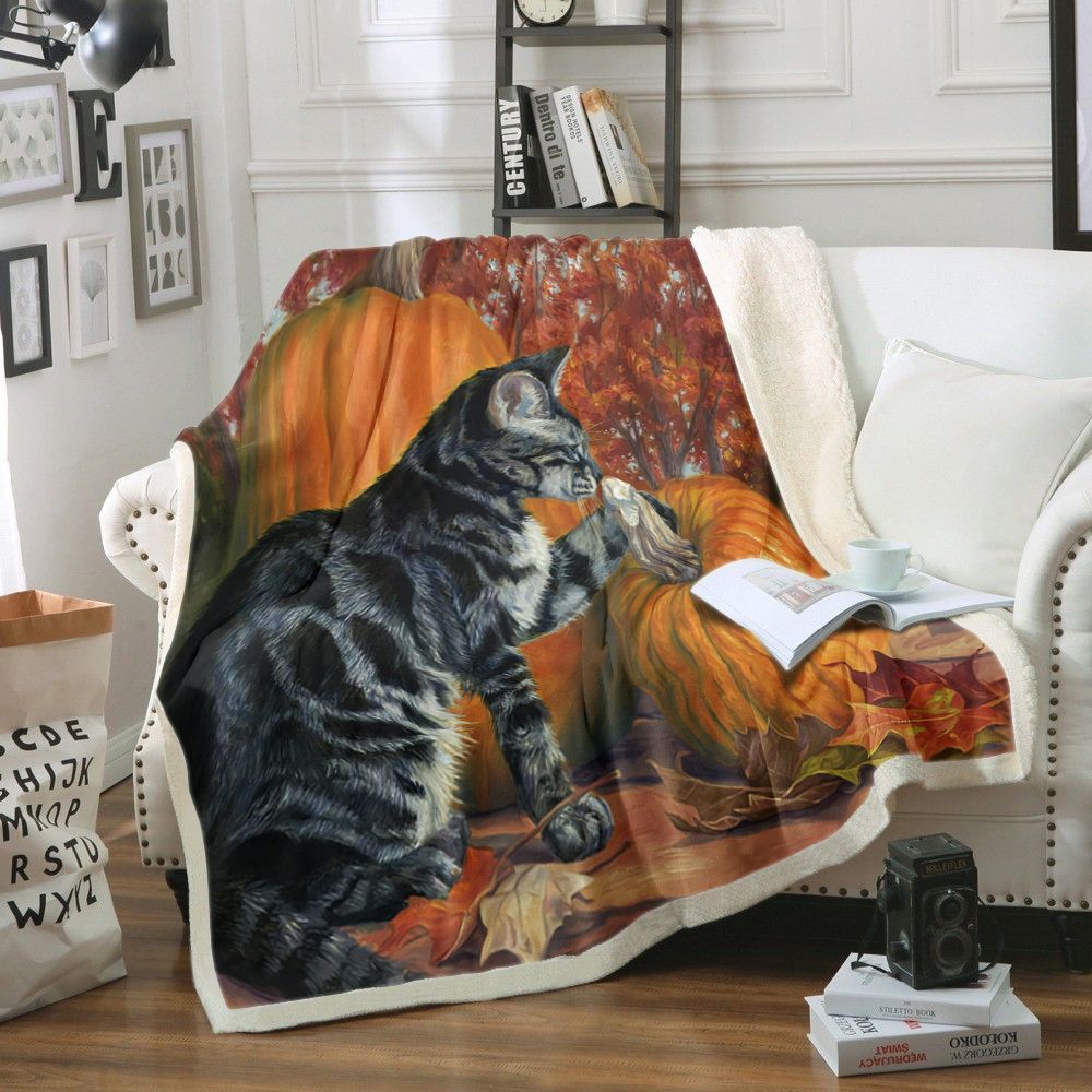 Cat With Pumpkin Sherpa Fleece Blanket