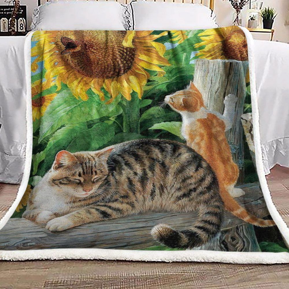 Cat With Sunflower Sherpa Fleece Blanket