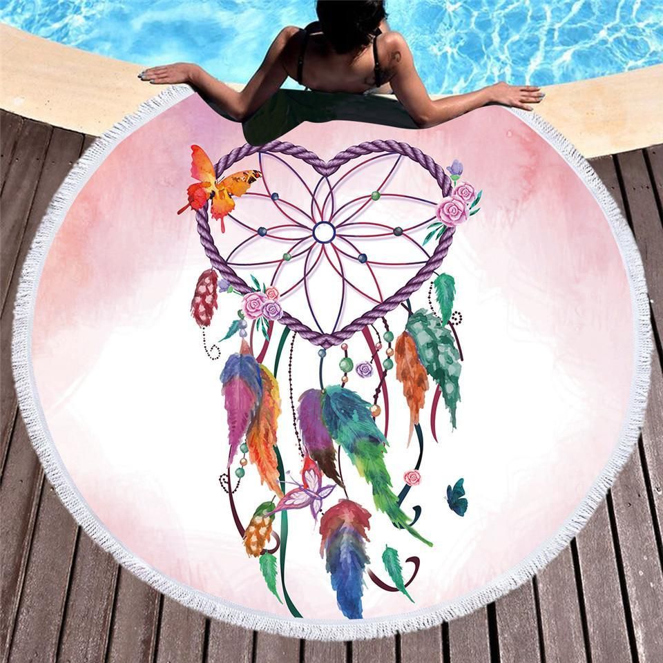 Catch A Dream Heart Printed Round Beach Towel
