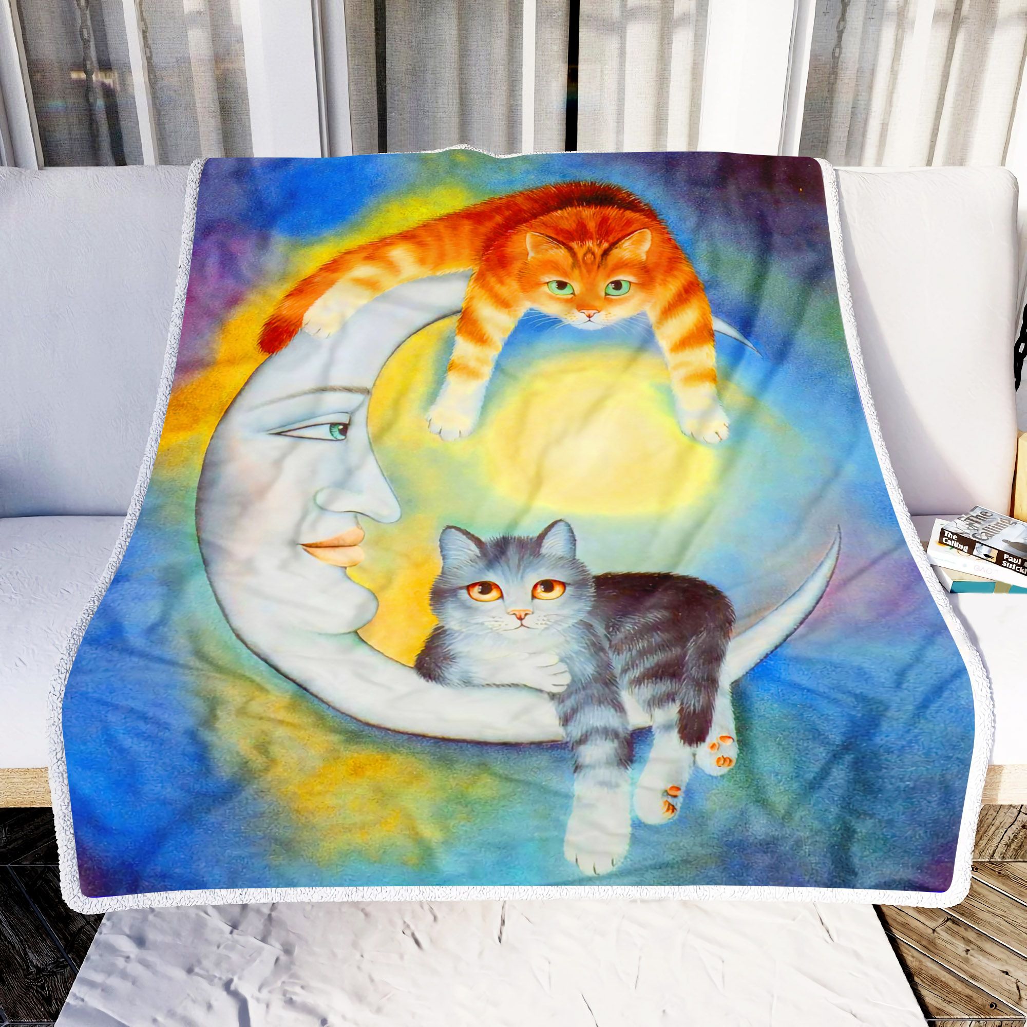 Cats And Mother Moon Fleece Blanket