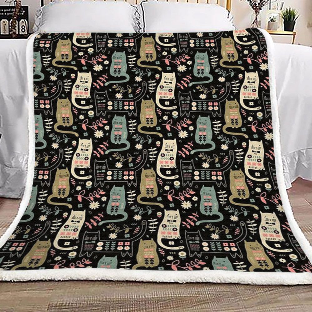 Cats Colors And Flowers Sherpa Fleece Blanket