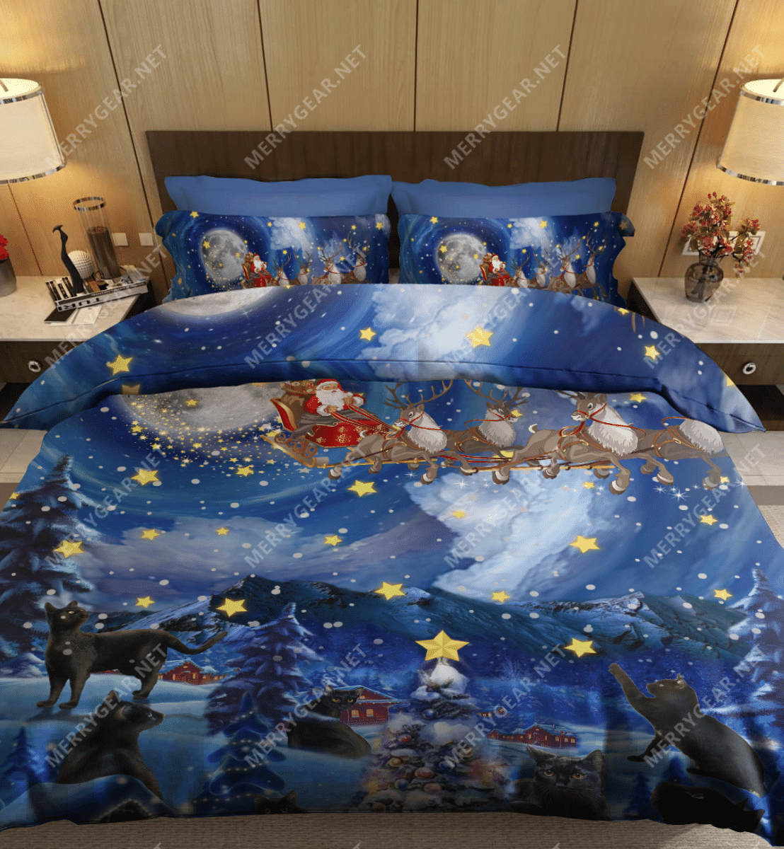 Cats Picking Falling Stars Christmas Bedding Set