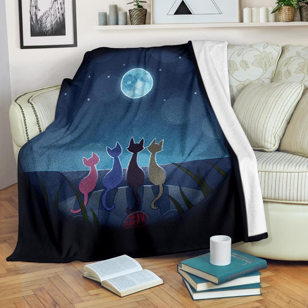 Cats Under Moonlight Fleece Blanket For Cat Lovers