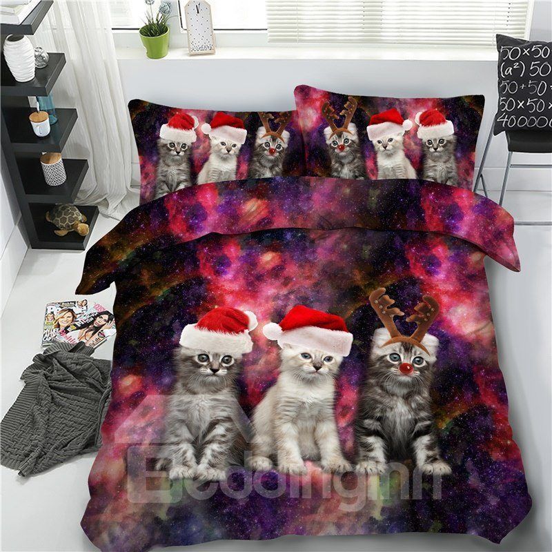 Cats With Christmas Hat Galaxy Bedding Set