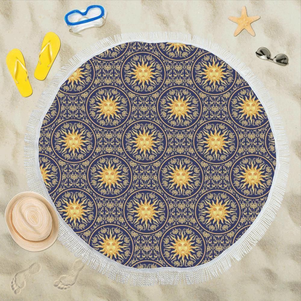 Celestial Gold Sun Face Printed Round Beach Towel