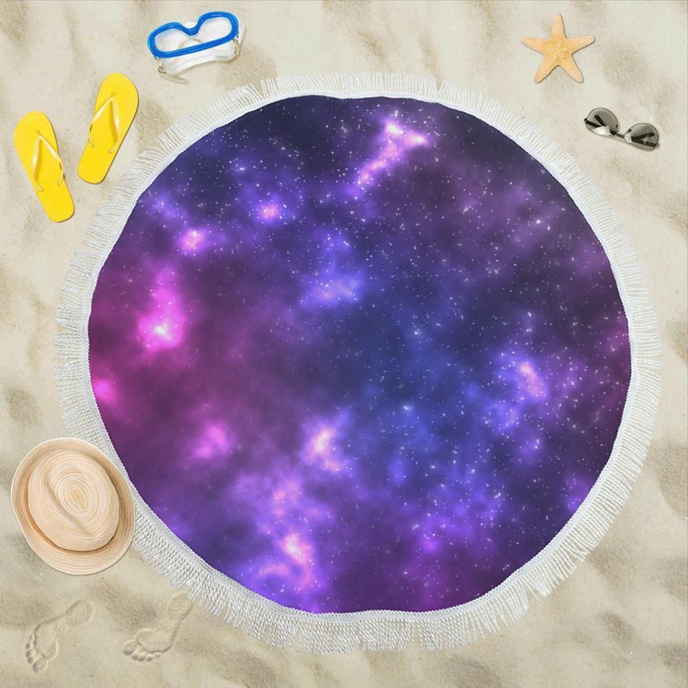 Celestial Purple Blue Galaxy Round Beach Towel