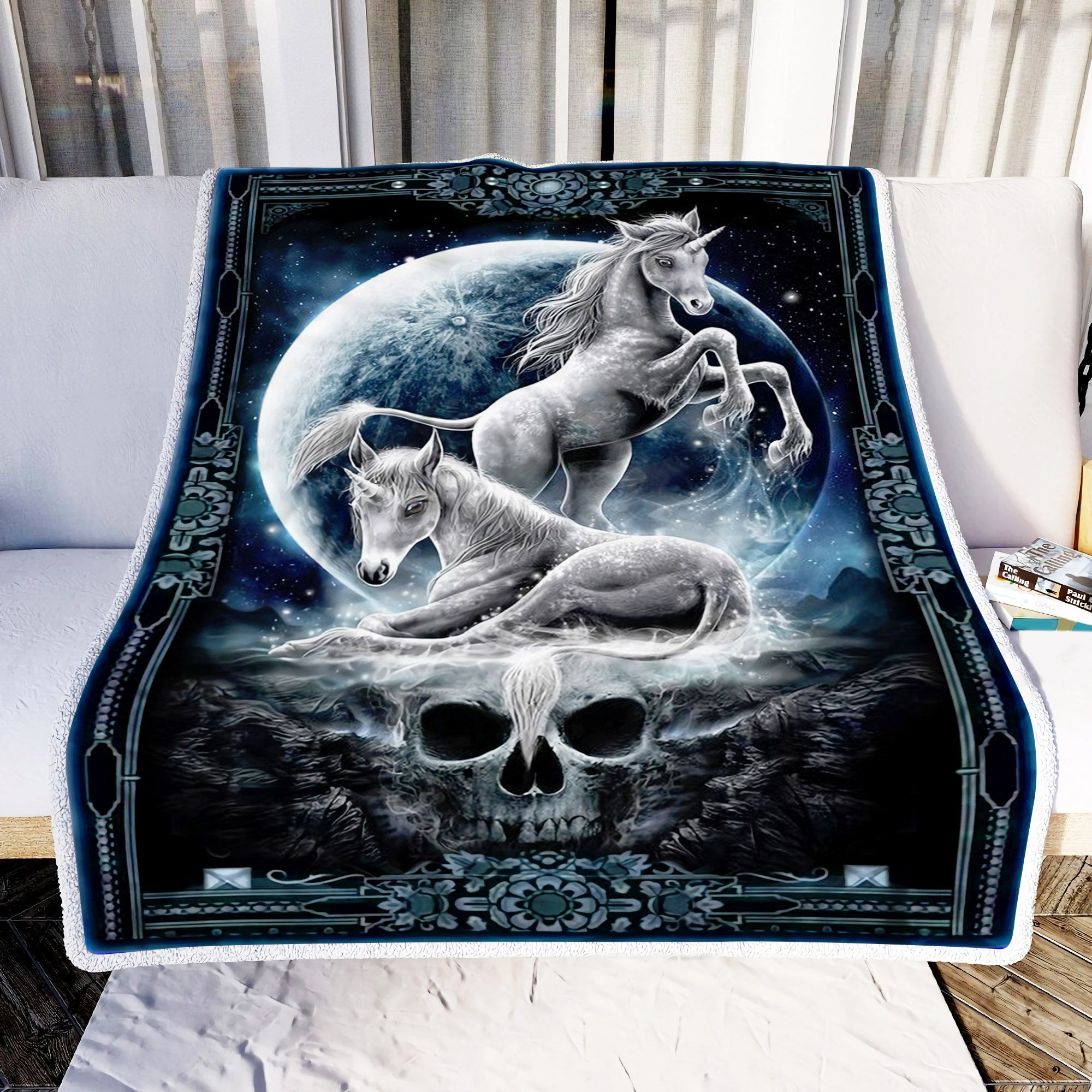 Celestrial White Unicorn And Skull Sherpa Fleece Blanket
