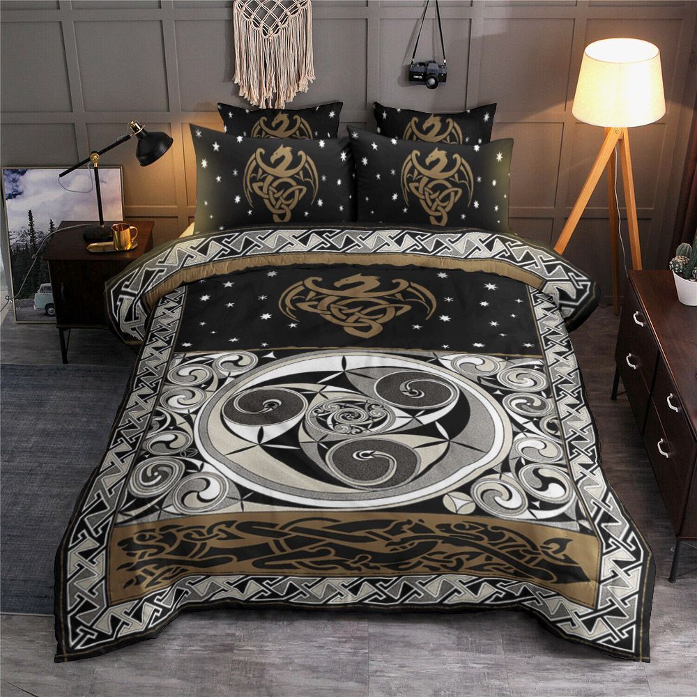 Celtic Dragon Black White And Bronze Bedding Set