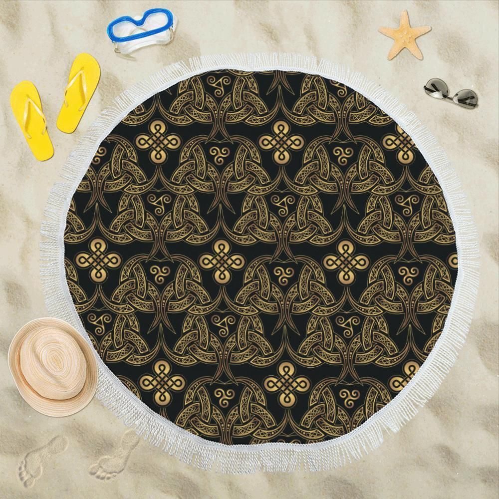 Celtic Knot Gold Design Printed Round Beach Towel