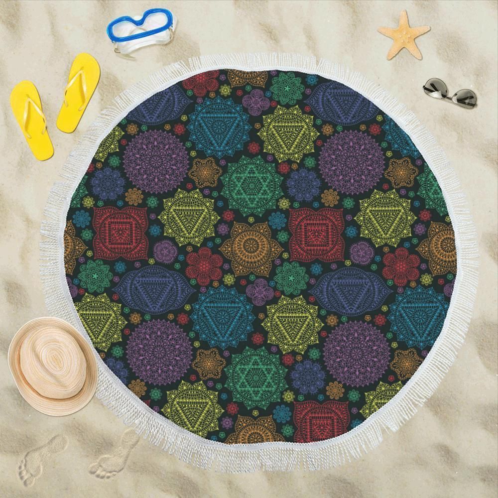 Chakra Mandala Pattern All Over Printed Round Beach Towel