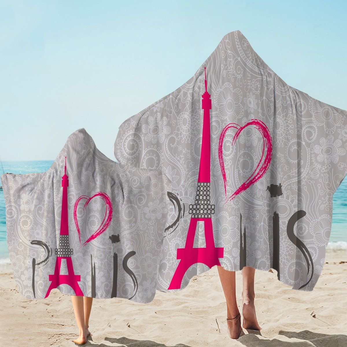 Charming Paris Gray Pattern Printed Hooded Towel