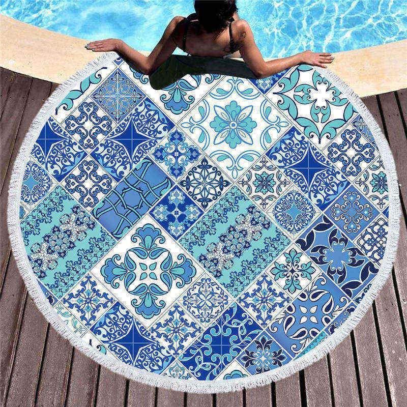 Checkered Blue Pattern Printed Round Beach Towel