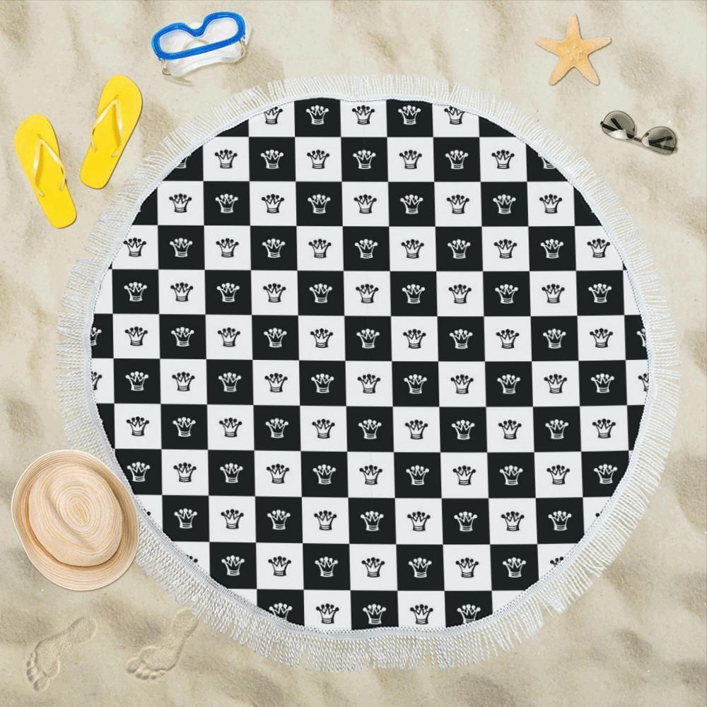 Checkered Flag Crown Pattern Round Beach Towel