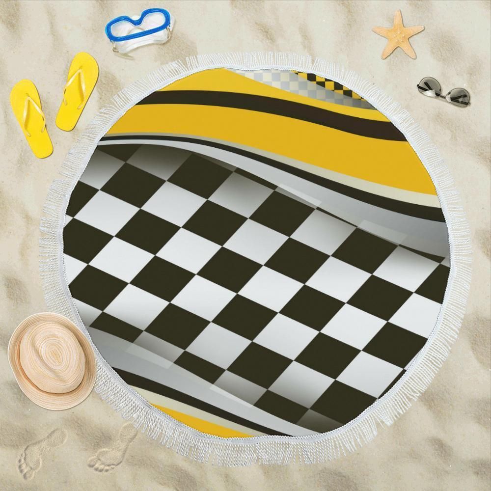 Checkered Flag Racing Style Printed Round Beach Towel