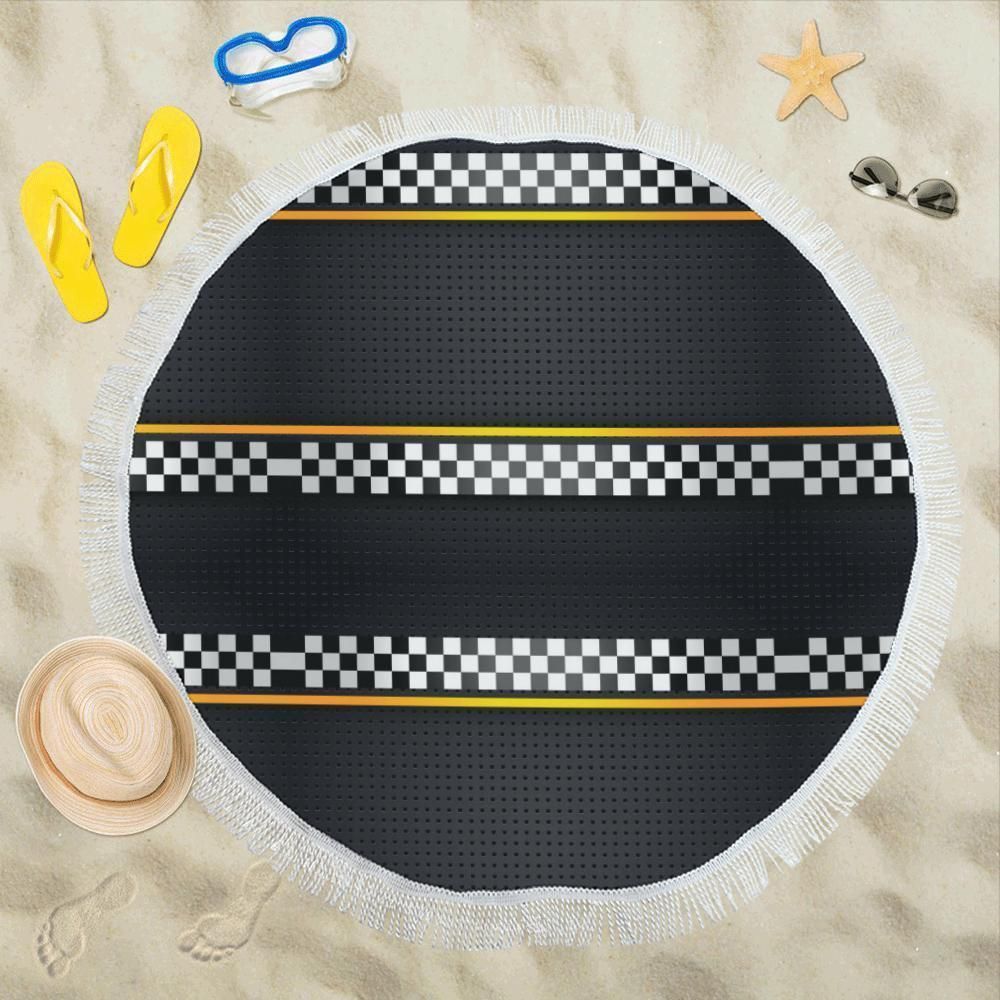 Checkered Flag Yellow Line Style Round Beach Towel
