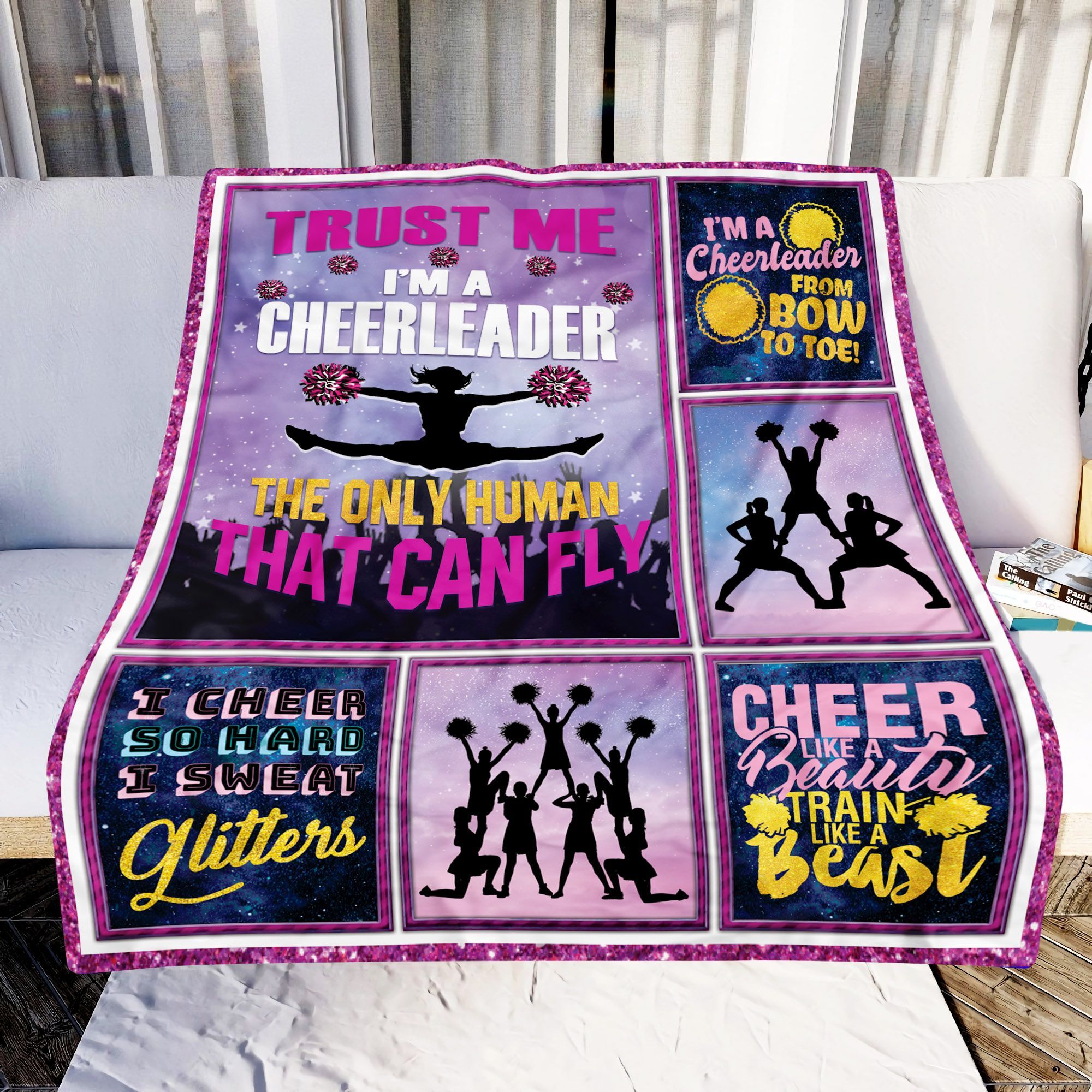 Cheer Trust Me I’m A Cheerleader The Only Human That Can Fly Sherpa Fleece Blanket