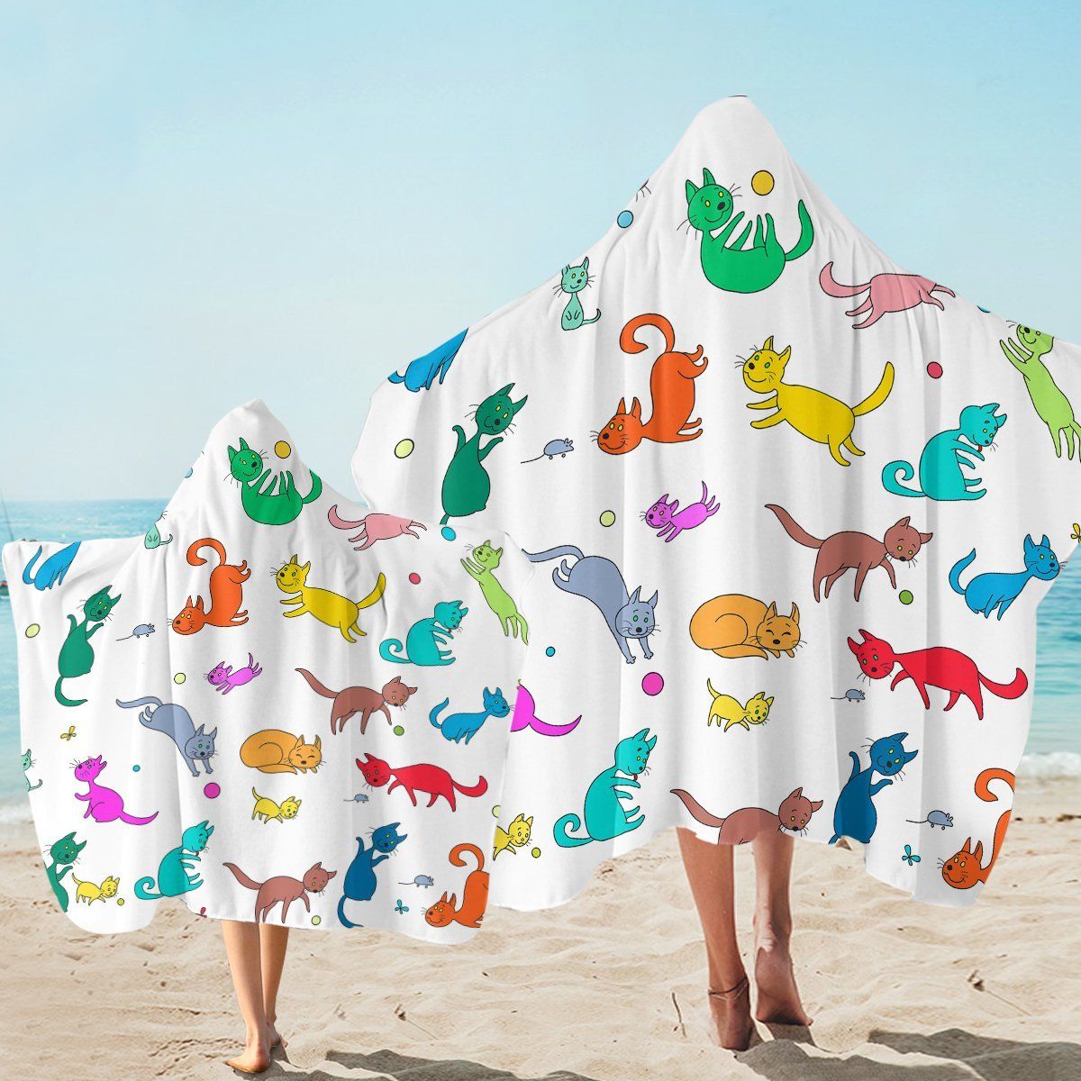 Cheery Colorful Cats On White Printed Hooded Towel