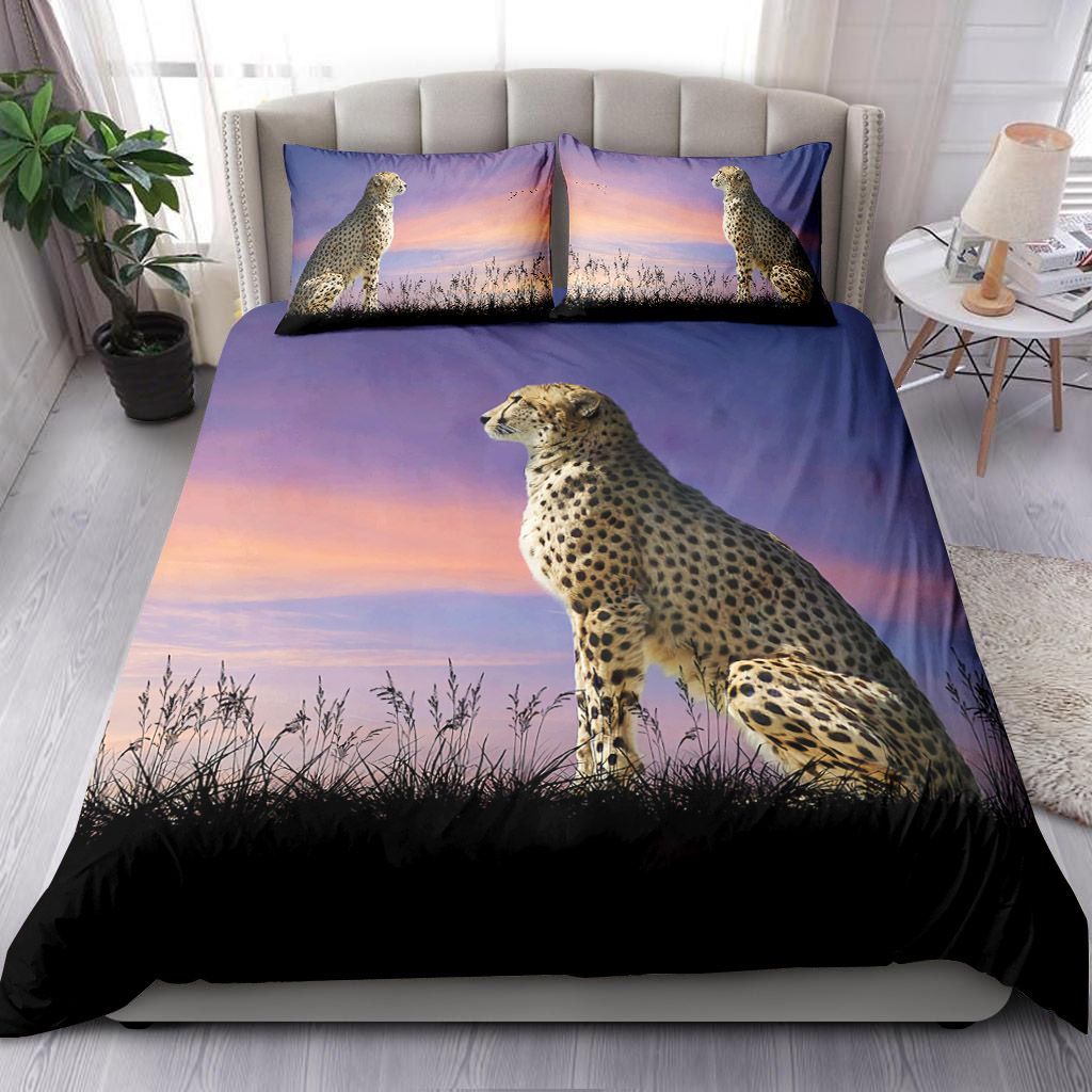 Cheetah Looking Out Over Savannah With Beautiful Sunset Sky Bedding Set
