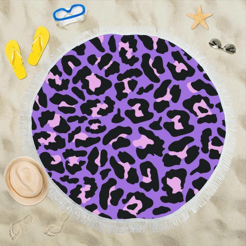 Cheetah Purple Neon Print Pattern Round Beach Towel
