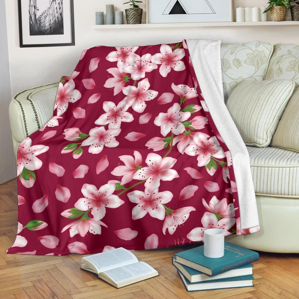 Cherry Blossom Pattern Print Design Pink Fleece Blanket