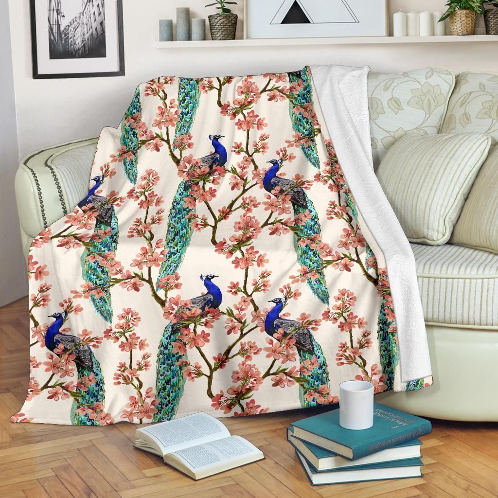 Cherry Blossom Peacock White Fleece Blanket