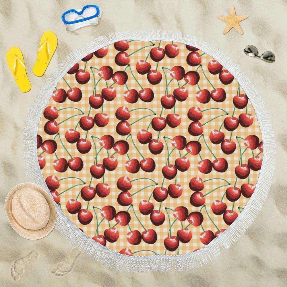 Cherry Orange Plaid Print Round Beach Towel