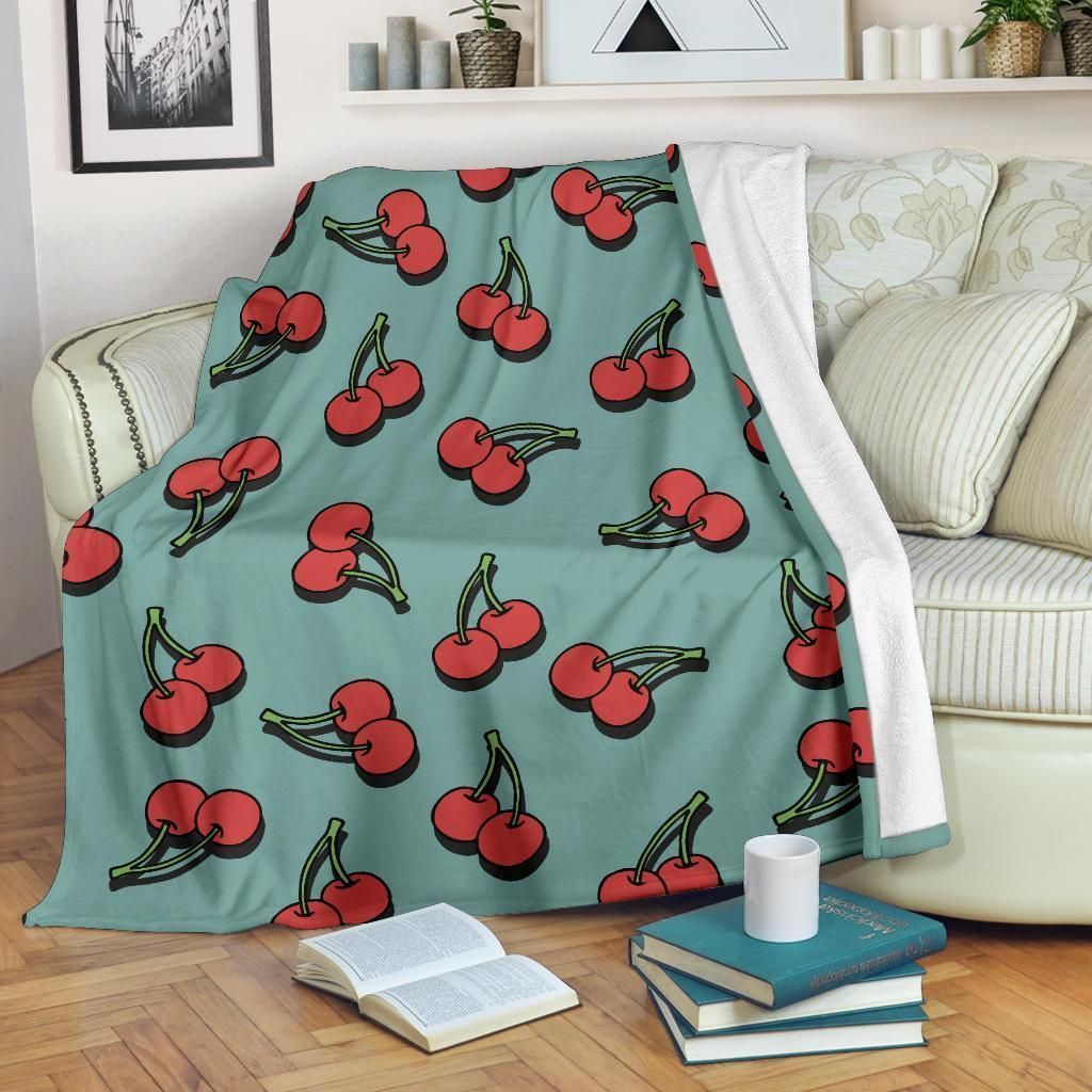 Cherry Pattern Print Design Blue Fleece Blanket