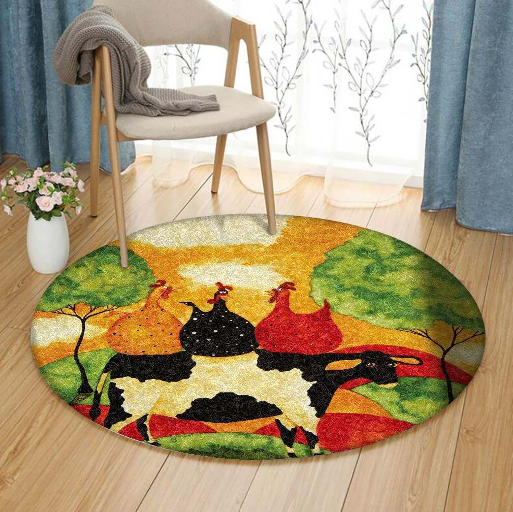 Chicken Cows Round Carpet