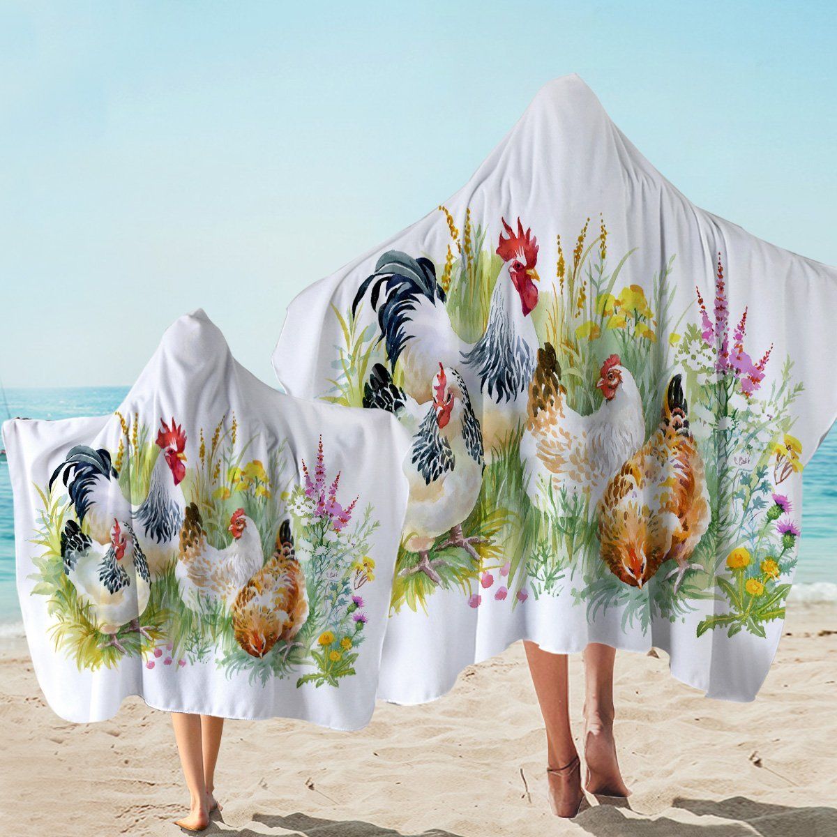Chicken Garden Flowers On White Printed Hooded Towel