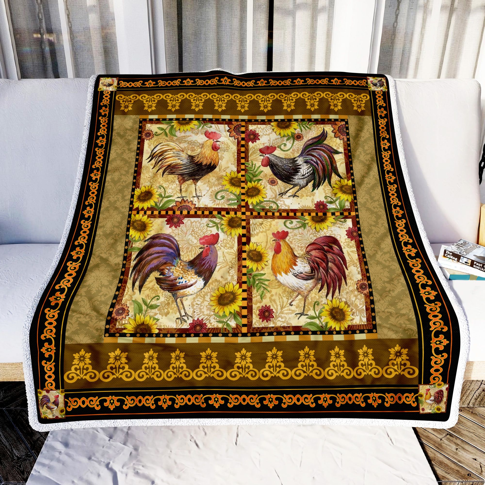 Chicken Rooster Sunflower Fleece Blanket