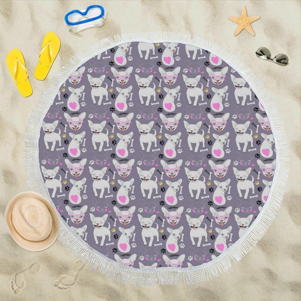 Chihuahua Happy Pattern Round Beach Towel