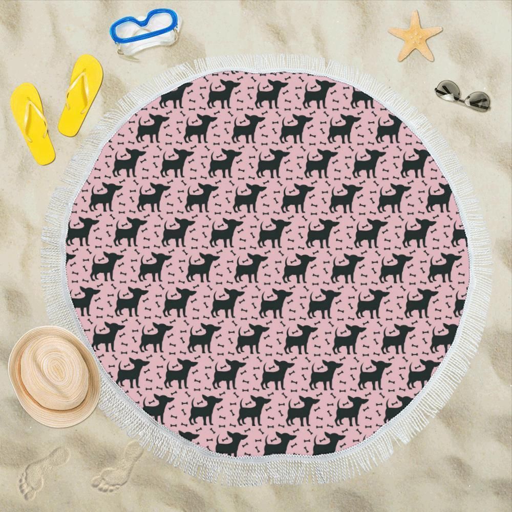 Chihuahua Pink Print Pattern Round Beach Towel