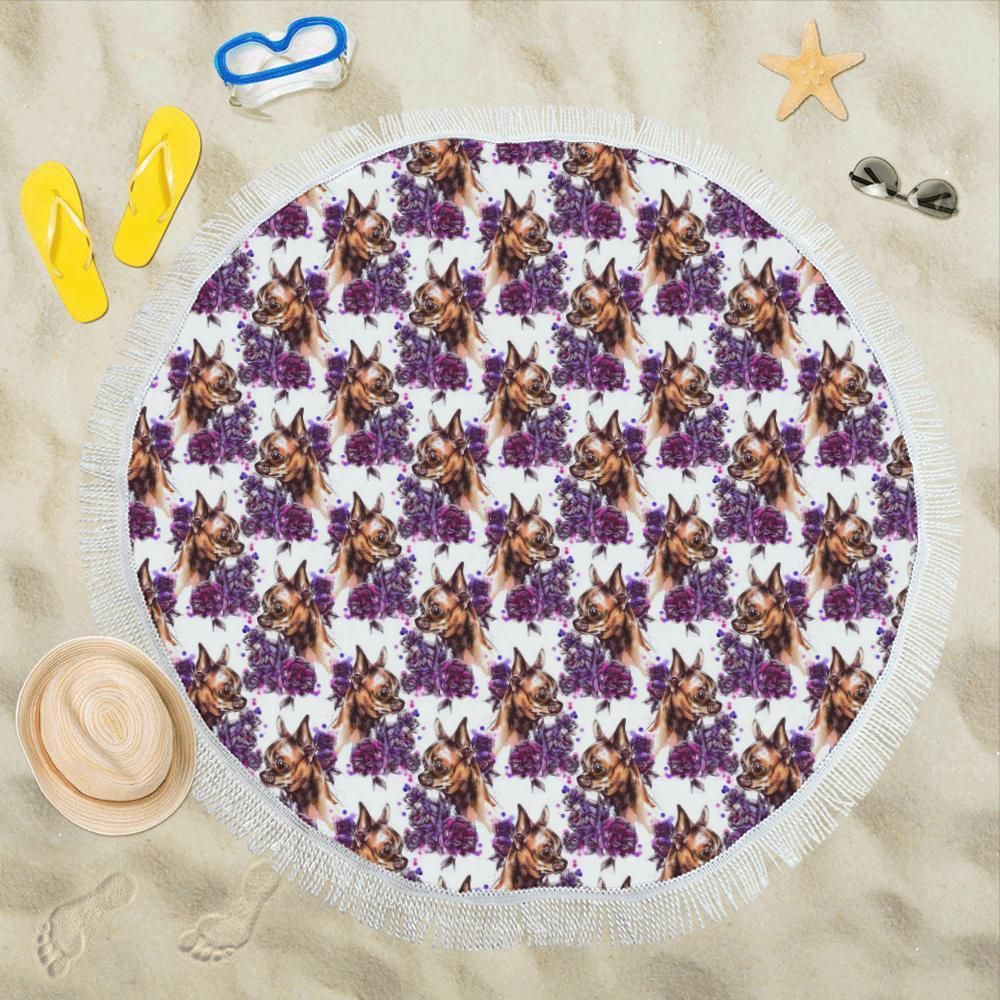 Chihuahua Purple Floral Patterns Round Beach Towel